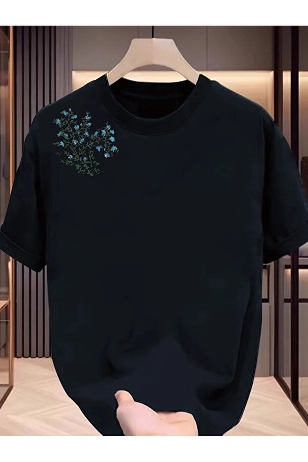 Women's Black Shoulder Leaf Printed Oversize T-Shirt
