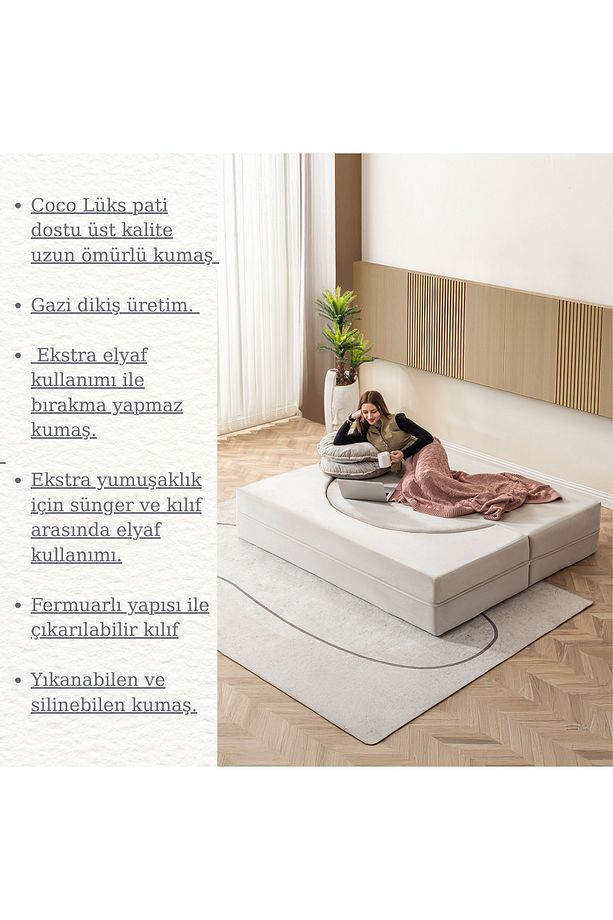 Layer 2'li Açılabilir Koltuk & Yeni Nesil & Silinebilir & Çift Kişilik & Konforlu Yatak Krem - 3