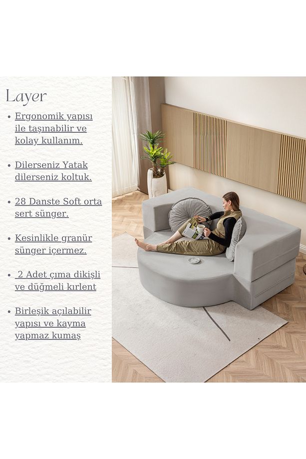 Layer 2'li Açılabilir Koltuk & Yeni Nesil & Silinebilir & Çift Kişilik & Konforlu Yatak Gri - 4