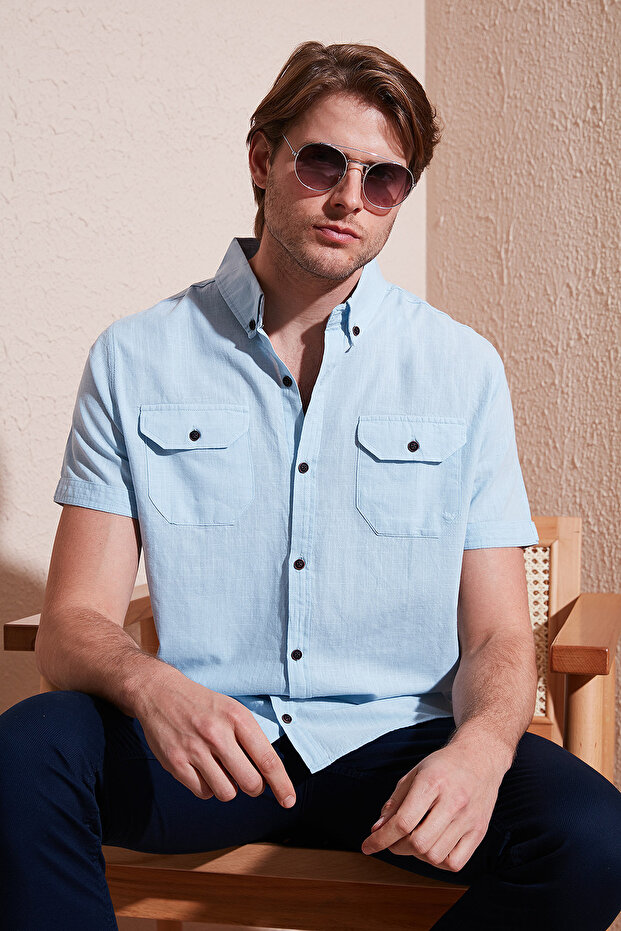 Button Collar Cotton Slim Fit Pocket Shirt Men's Shirt Cf21S 111153