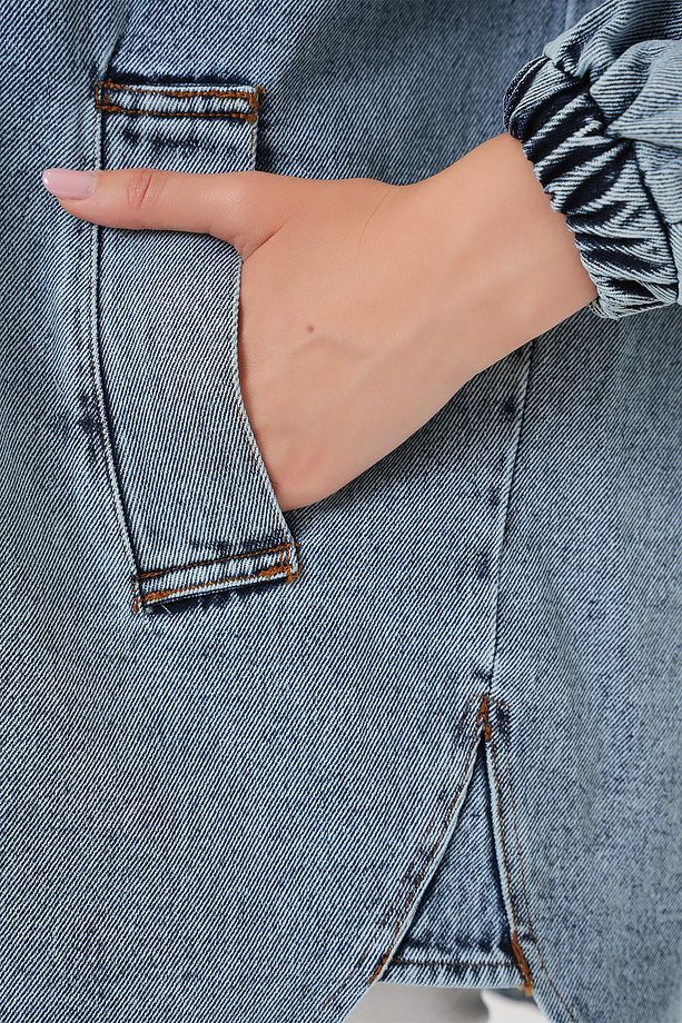 0662 Denim Balon Kollu Kot Ceket - Mavi - 6