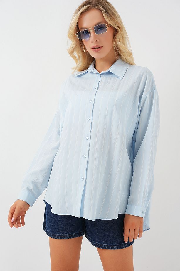 3900 Oversize Uzun Basic Gömlek - C.Mavi - 3