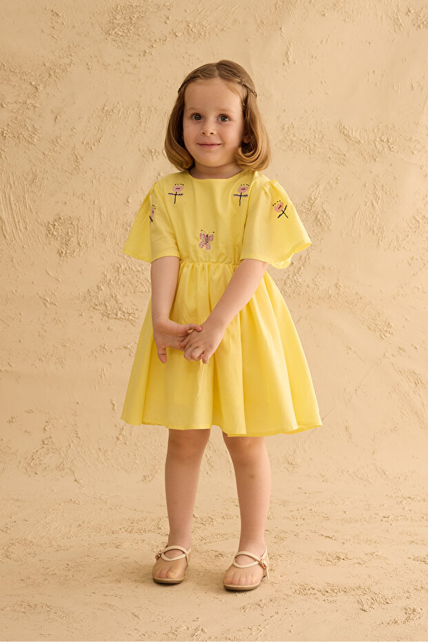 Embroidered Cotton Dress Yellow