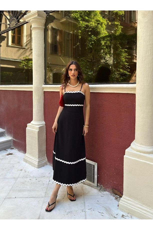 Sendy Krep Kumaş Askılı Elbise - 2