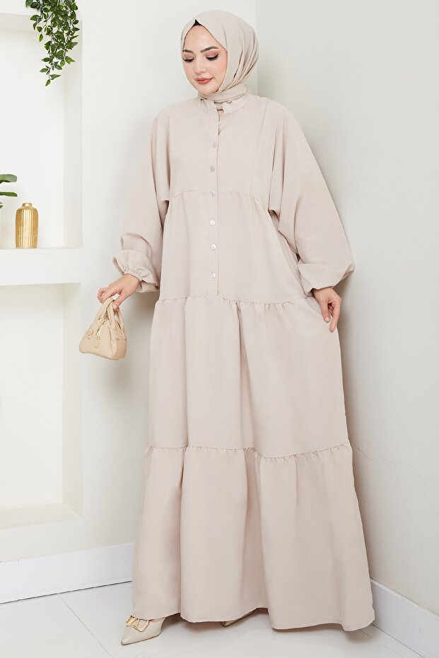 Modal Patlı Bej elbise - 1