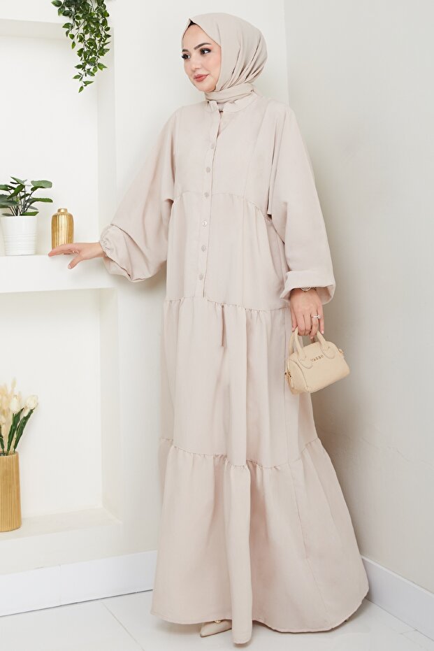 Modal Patlı Bej elbise - 2