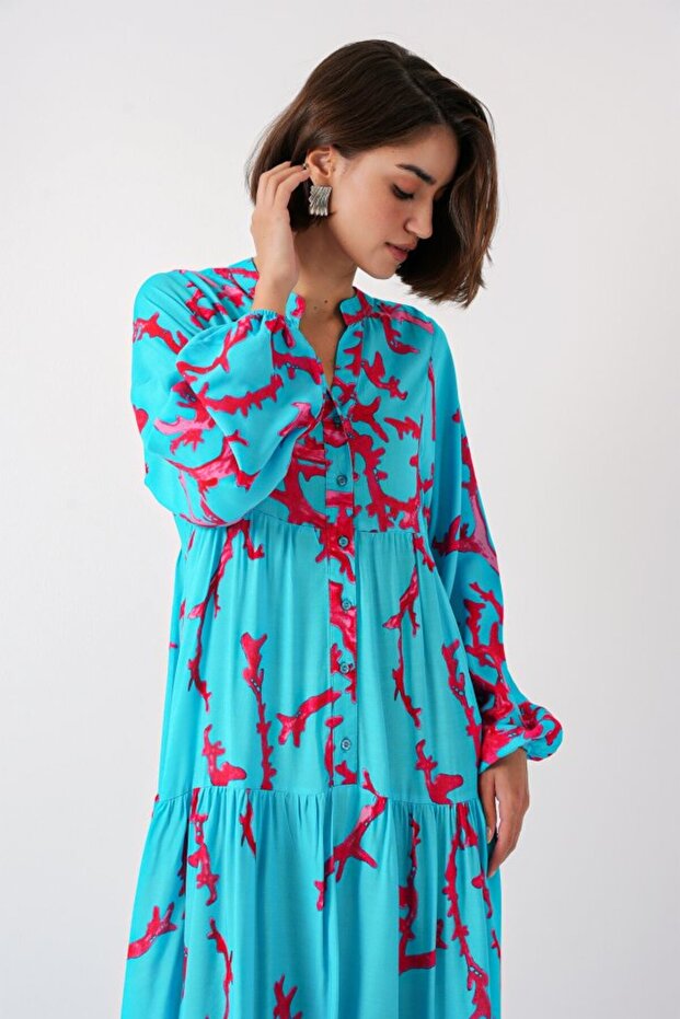 2423 Authentisches gemustertes Hijab-Kleid - Eisblau - 4