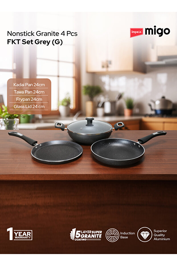 Impex Migo 4Piece Nonstick Granite Cookware Set–24cm-Kadai, Tawa,FryPan&GlassLid-5Layer Coating,FKTG