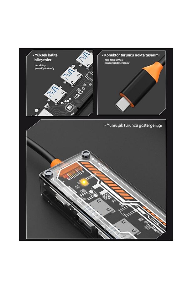 Type-c To USB3.0 + USB2.0 + Type-c PD 100W + HDMI + VGA + 3.5mm Çogaltic Transparani Hub 6in1 - 6
