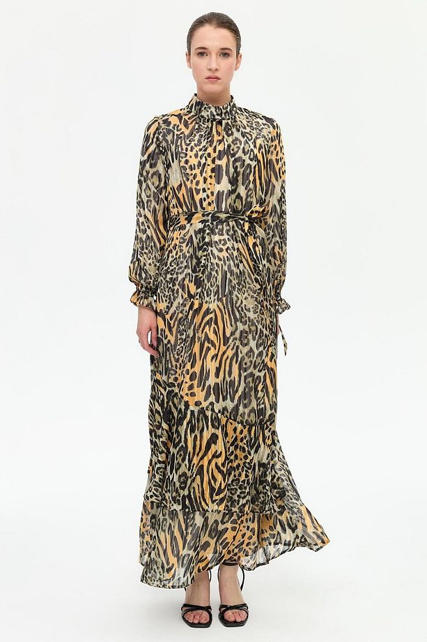 Leopar Desenli Empirime Elbise Kahve - 1