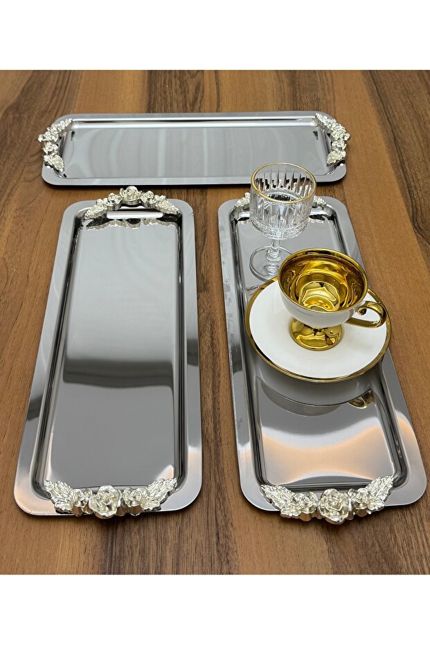 Stainless Steel 3 Pieces Rectangular Silver Handle Service and Presentation Tray - 1