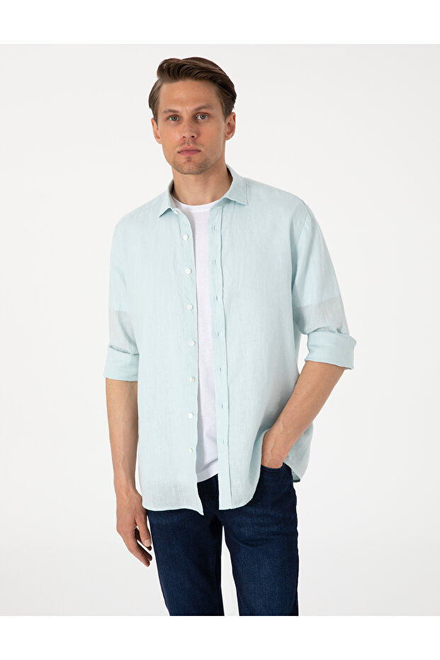 Water Green 100% Linen Regular Fit Long Sleeve Shirt 50303293-Vr115