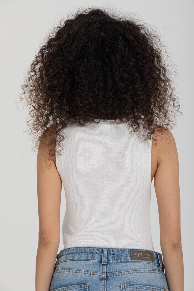 Basic Beyaz Kolsuz Crop Kadın Triko - 6