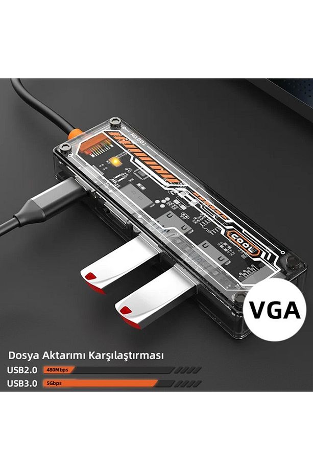 Type-c To USB3.0 + USB2.0 + Type-c PD 100W + HDMI + VGA + 3.5mm Çogaltic Transparani Hub 6in1 - 5