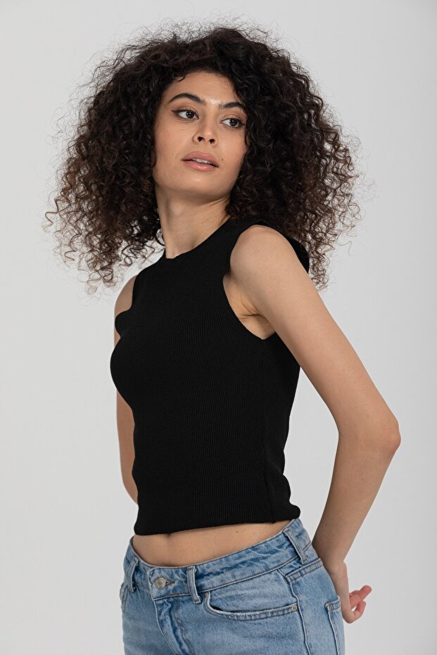 Basic Siyah Kolsuz Crop Kadın Triko - 6