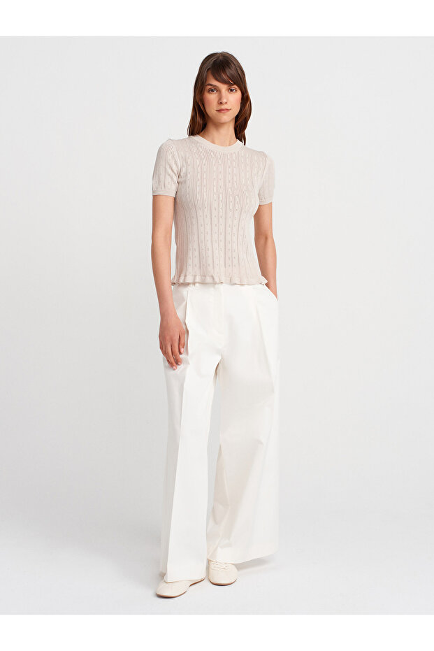 10762 Bisiklet Yaka Ajurlu Fırfırlı Bluz-Taş - 4