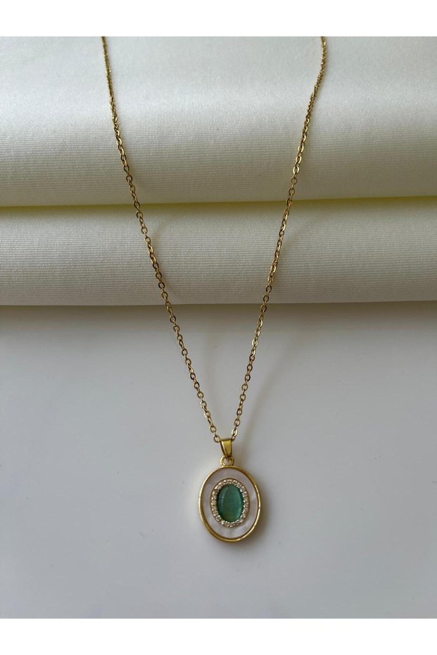 Steel Vintage Green Bead Detailed Women's Necklace
