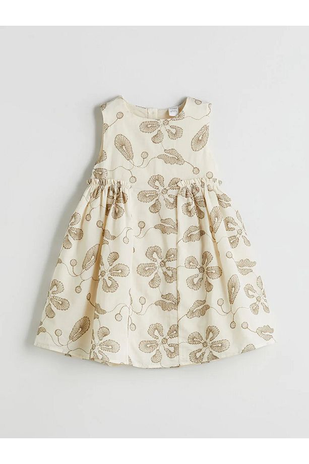 LCW Kids Ekru Bisiklet Yaka Çiçekli Kız Çocuk Elbise - 3