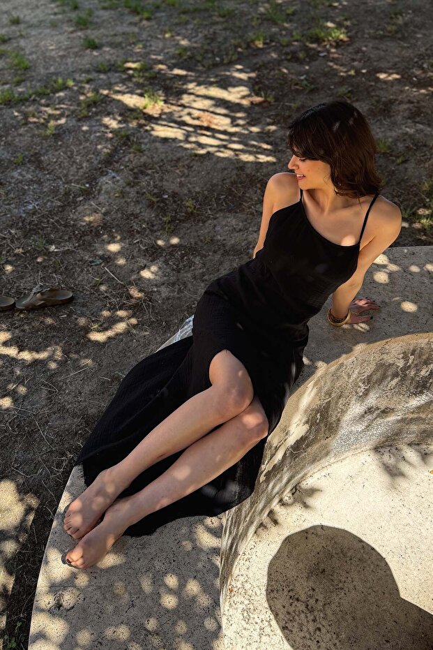 Asymmetrical Bohemian Strap Stylish Midi Dress Black