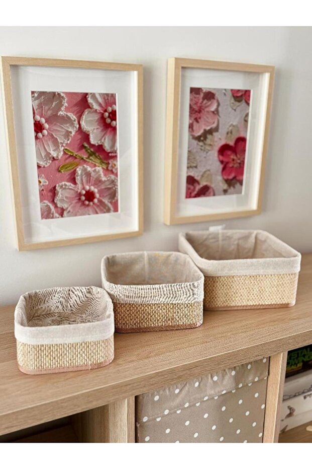 Beige Hasır 3Lü Kare Sepet - 1