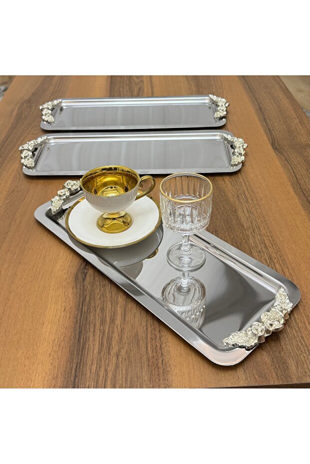 Stainless Steel 3 Pieces Rectangular Silver Handle Service and Presentation Tray - 3