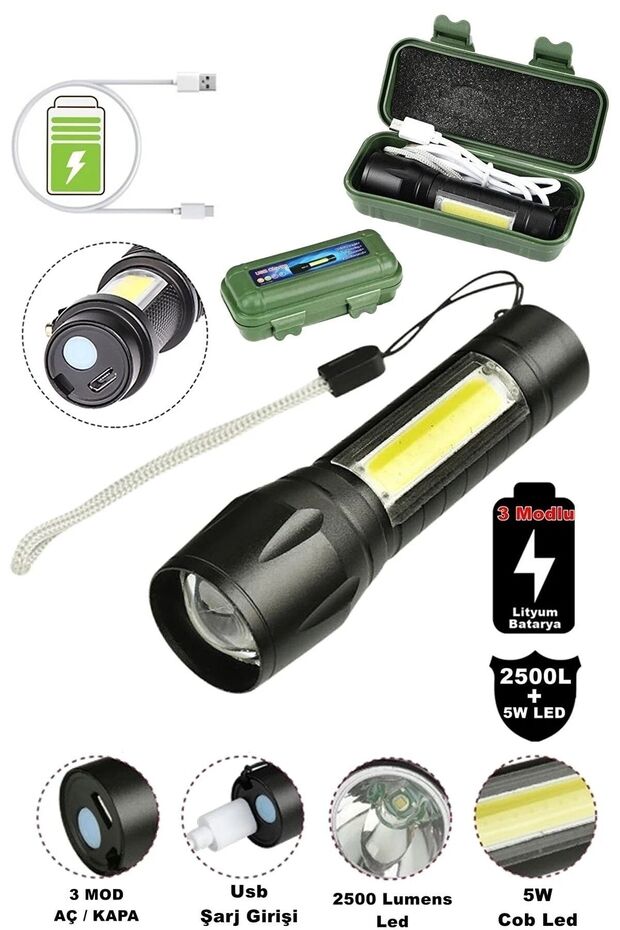 KUT-02 Ultra Güçlü 2500 Lumens + 5w Cob Led Usb Şarjlı El Feneri Kutulu Kamp Feneri Avcılık Pro - 4