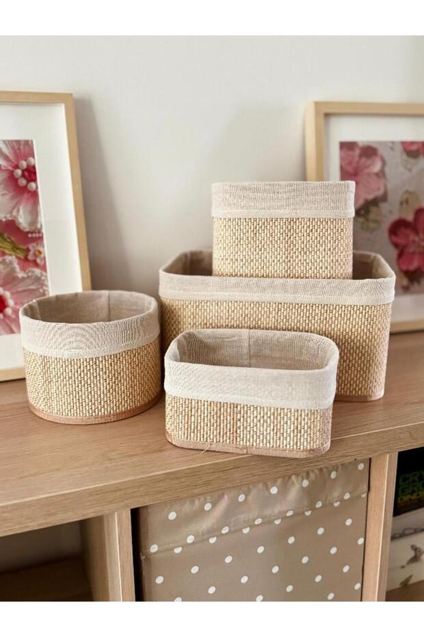Beige Hasır 4Lü Sepet - 1