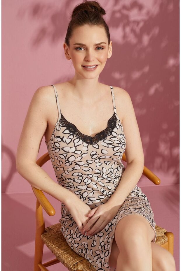 Women's Patterned Lace Detailed Cotton Combed Nightdress with Rope Strap