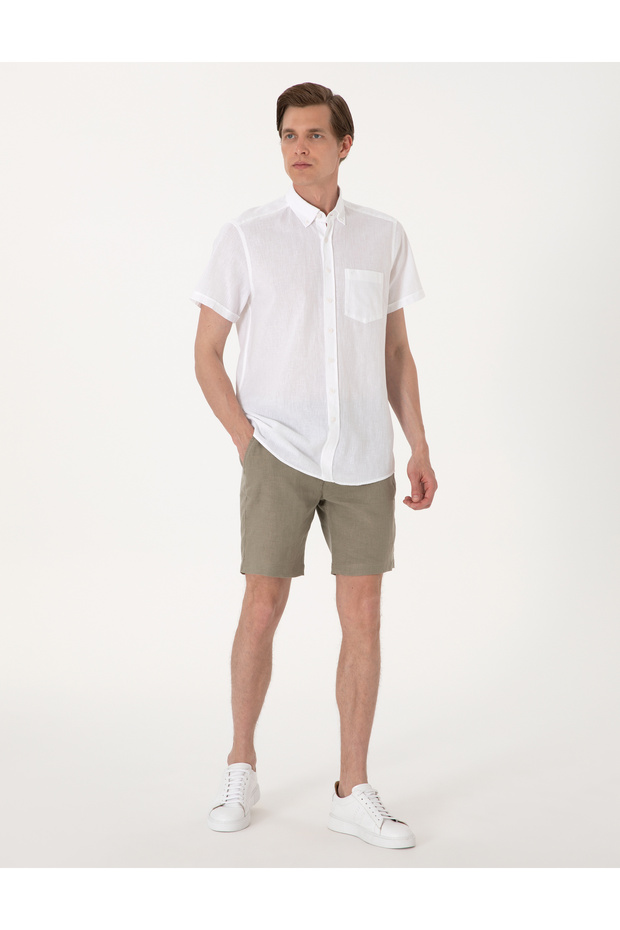 Khaki Slim Fit 100% Linen Elastic Waist Lace up Woven Shorts 50301780-Vr027