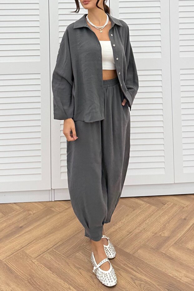 Women's Anthracite Oversize Shirt Shalwar Pants Trousers Suit 50957