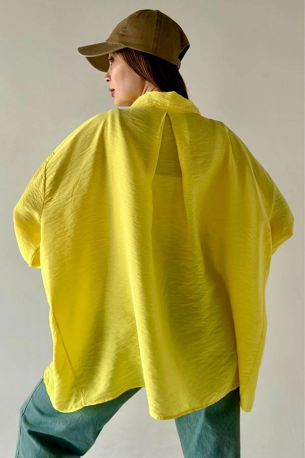 Kadın Sarı Oversize Dökümlü Tek Cepli Kolay Ütü Dokulu Gömlek TGC-700045 - 3