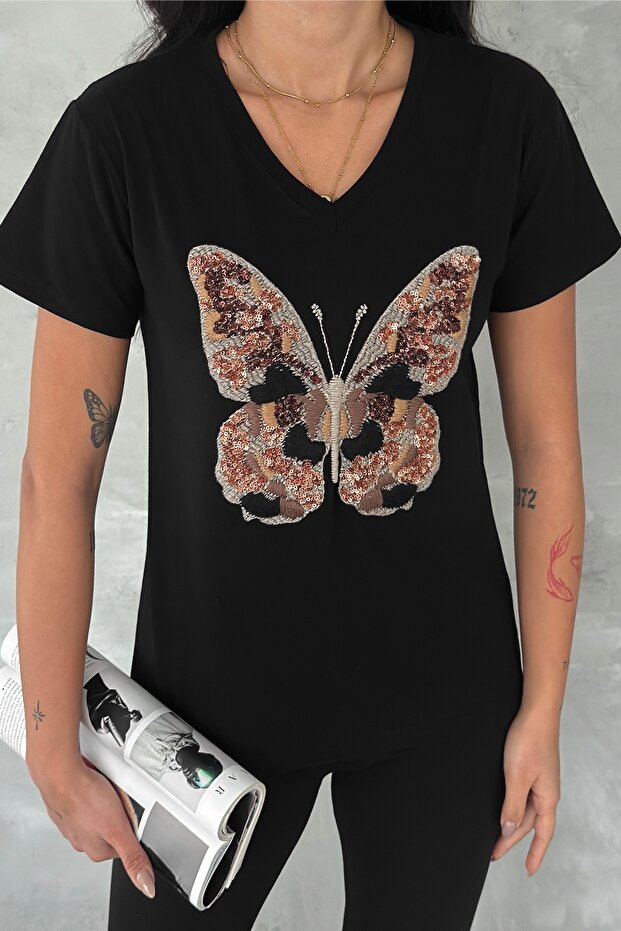 Women's Black V-Neck Butterfly Pattern Sequin and Embroidery Embroidered 100% Cotton T-Shirt