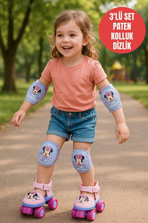 TOYFEST Minnie Çantalı Dizlik ve Dirseklikli 4 Teker Paten Seti -Pembe- (22 - 29 Numara için Ayarlanabilir)