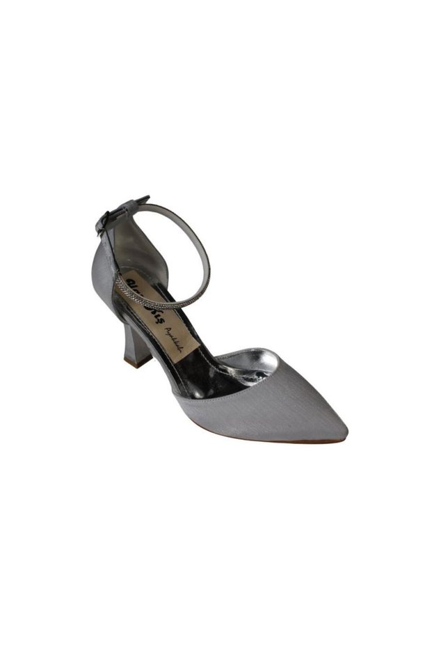 Yazkiş Women Satin Skin Silver Black Ankle Strap 9cm Candlestick Heel Pointed Toe Evening Dress Shoes