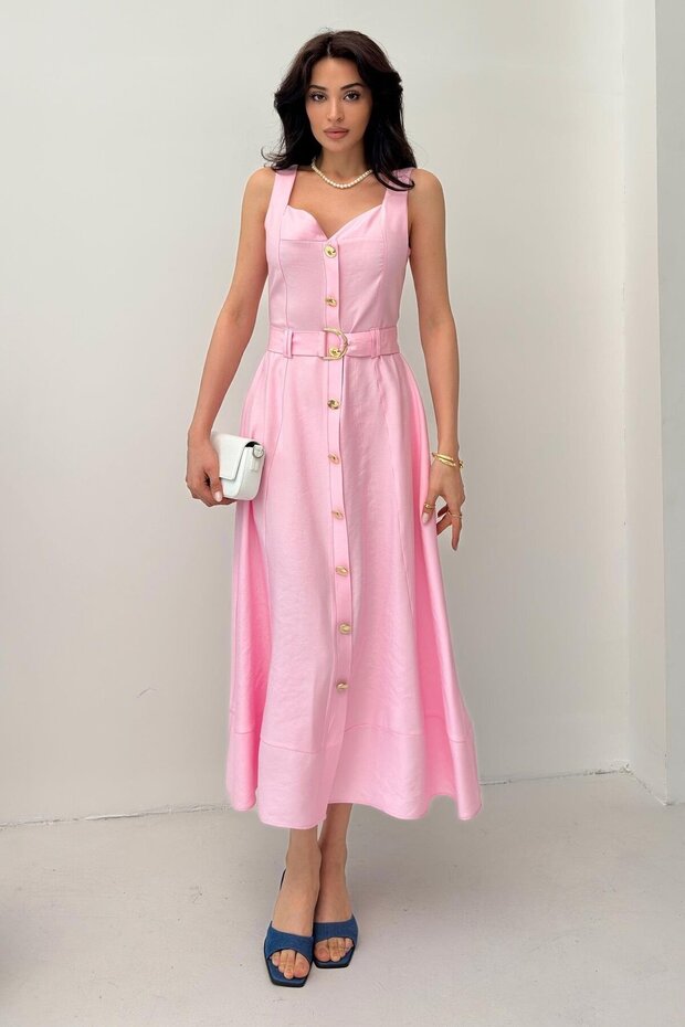 Buttoned Tencel Dress with Powder Strap Belt Detail