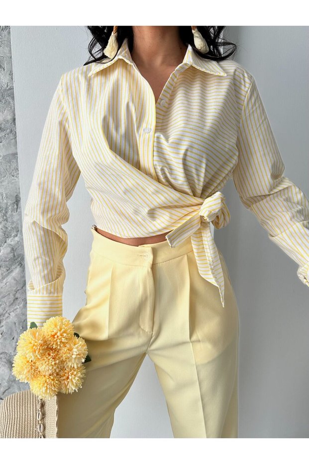 Striped Shiny Satin Tie Front Shirt