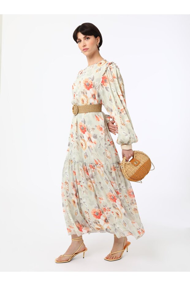 Floral Patterned Chiffon Hijab Dress - Orange - Refka