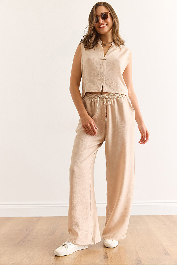Women's Stone Bottom Top Linen Look Suit Tkm-19000395