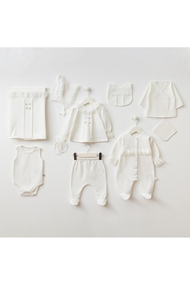 Lace Button Detailed 10-Piece Organic Hospital Discharge Set 100% Cotton Newborn Baby Girl