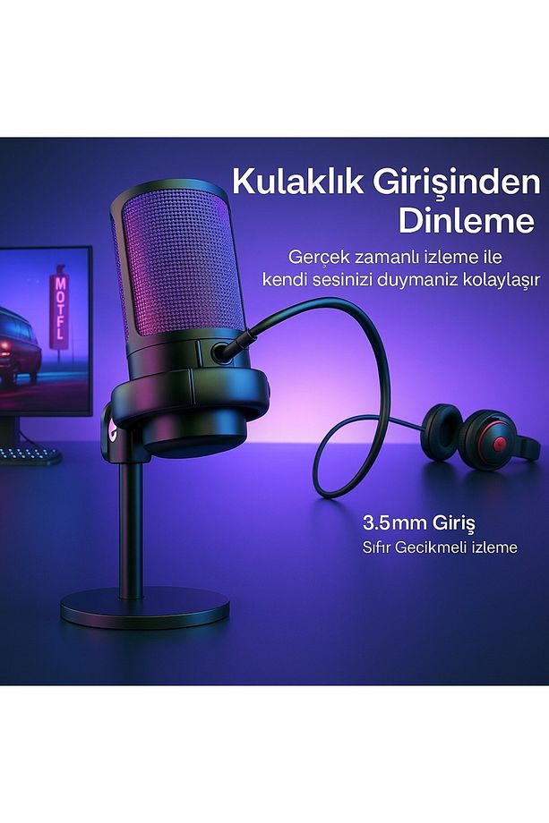 Rgb Işıklı Usb Mikrofon Seti Yayıncılar, Podcast Oyun İçin Profesyonel Kayıt Mikrofonu Kol Standı - 7