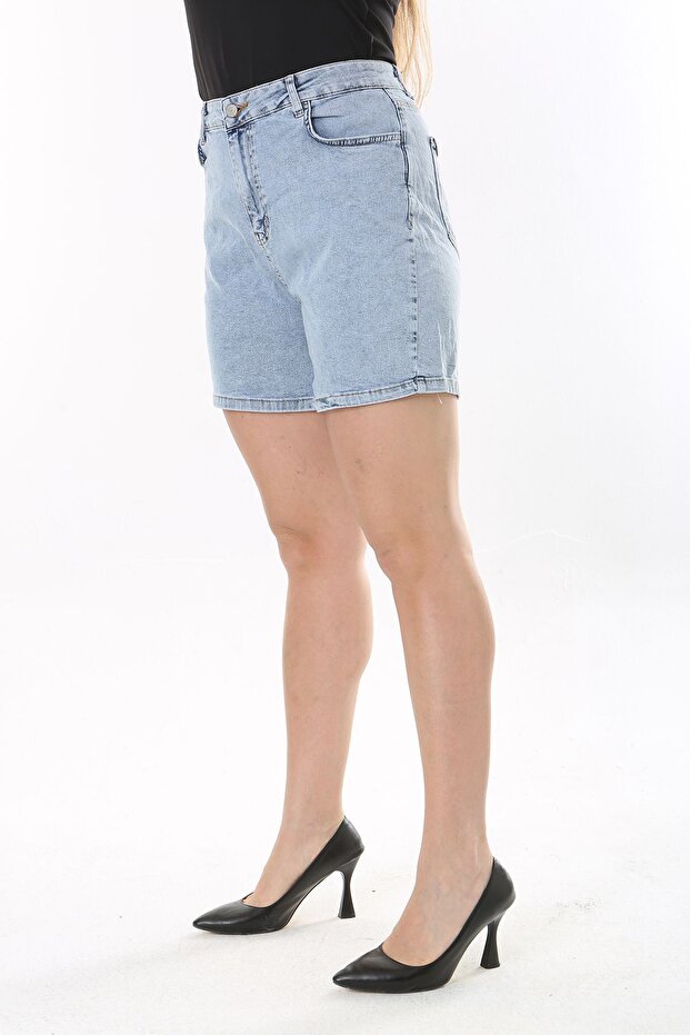 Women's Large Size Blue Washing Effect 5 Pocket Denim Shorts 65N37823