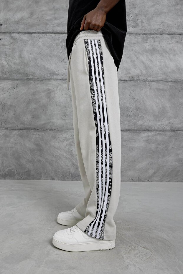 Cream Wide-Leg Patterned 3-Stripe Tracksuit