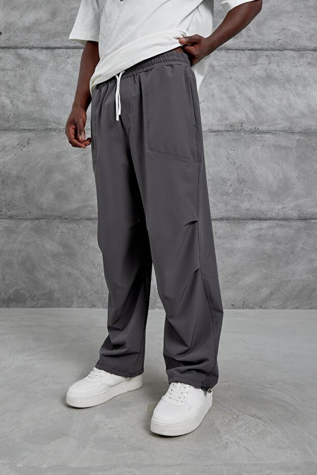 Men's Sweatpants Fabric with Pleated Legs Smoked Oversize Parachute Loose Fit