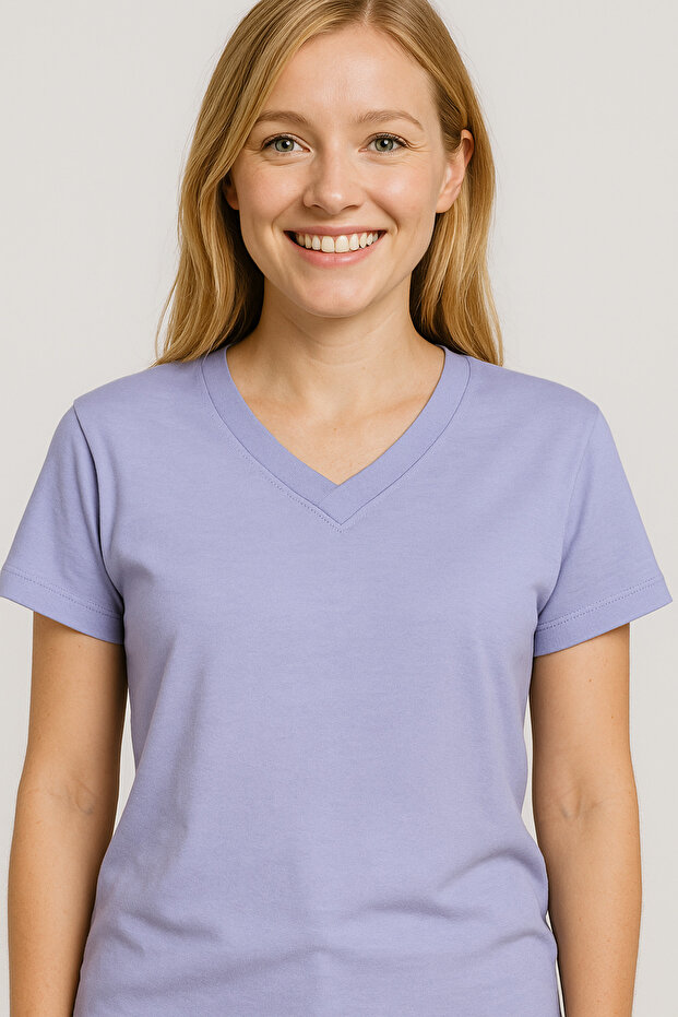 100% Cotton Women's Combed Modal Overlay V-Neck Slit Detailed T-Shirt