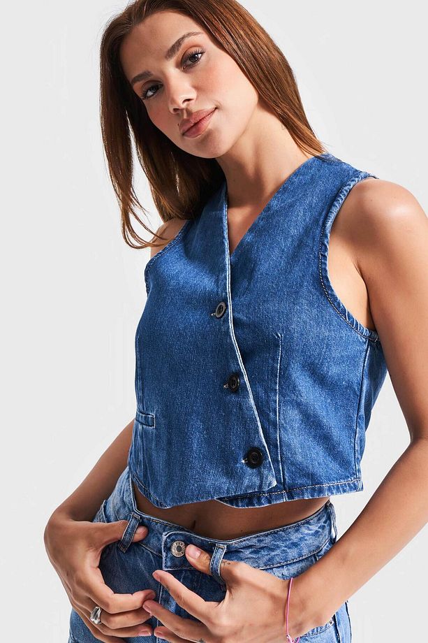 Kadın Mavi Renk 1s5-5 Asimetrik Kesim Önü Düğmeli Sıfır Kol Denim Yelek - 5