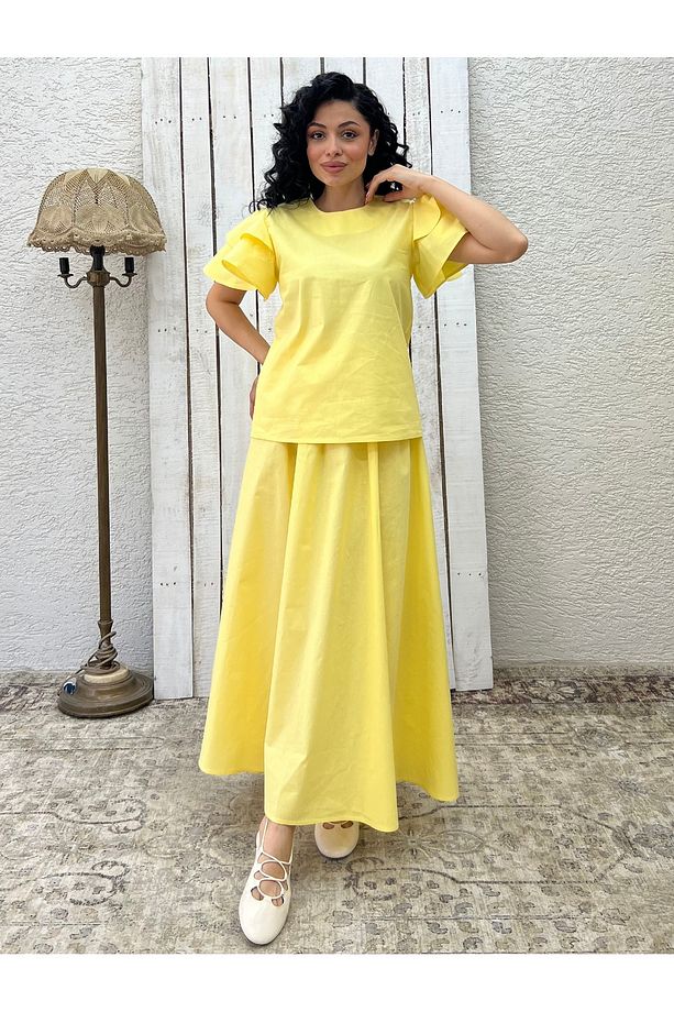 Sarı Poplin Kloş Etek - 1