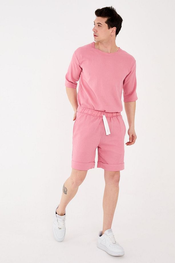 %100 Pamuk Unisex Relaxed Fit Kadın Erkek Şort Gül Kurusu - 8