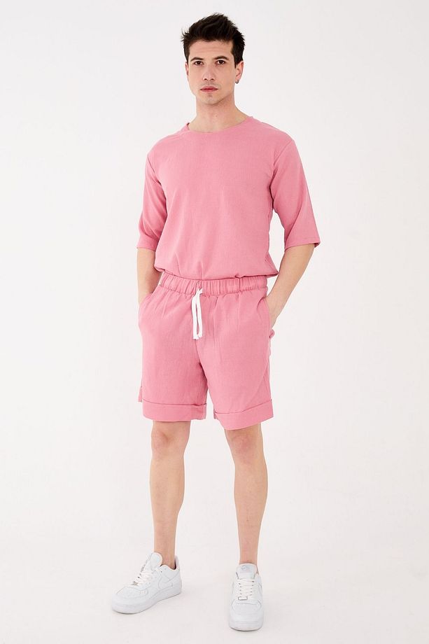 %100 Pamuk Unisex Relaxed Fit Kadın Erkek Şort Gül Kurusu - 6