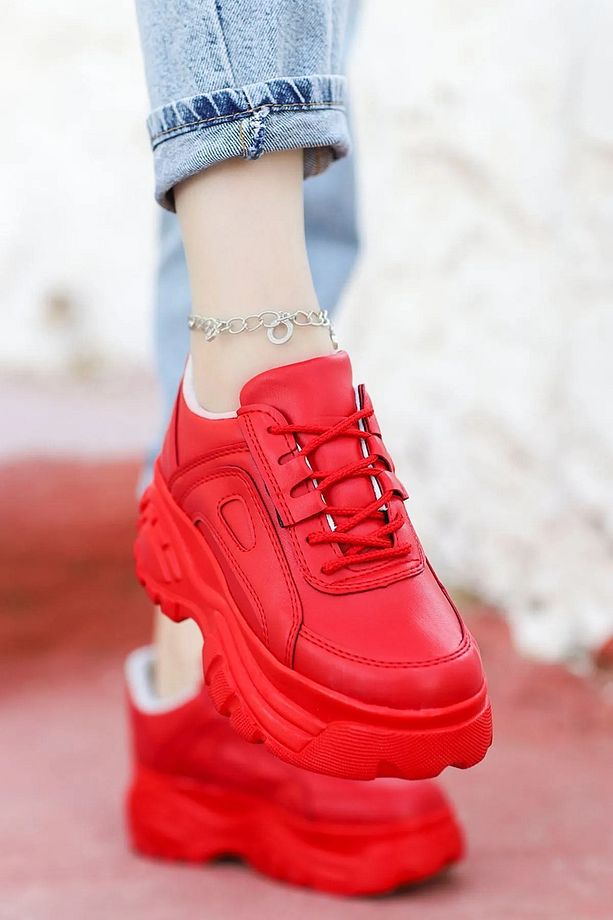 Kırmızı Günlük Kadın Spor Ayakkabı Bağcıklı Kalın Hafif Yüksek Taban Sneaker - 1