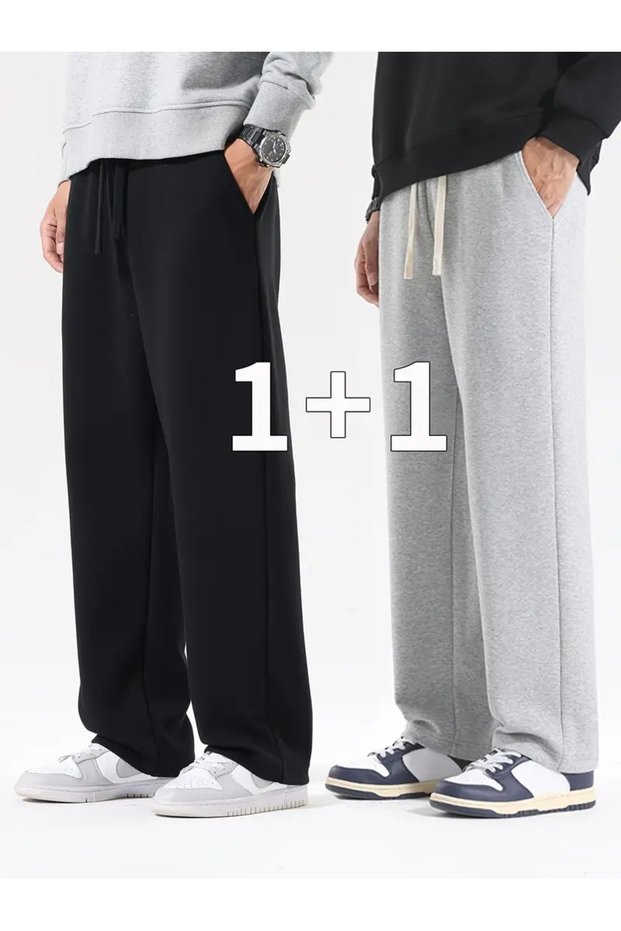 Two Pieces Black Gray Comfortable Fit Straight Leg Tracking Pants
